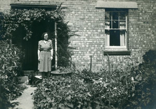 Mrs Mabel White outside 13 Senlac Gardens